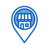 Blue icon of a small storefront with a striped awning inside a location pin, representing a local business or branch location.