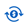 Blue icon of a dollar symbol surrounded by two curved arrows forming a circle, symbolizing money movement, transactions, or cash flow.