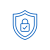 Blue outline of a security shield containing a padlock with a checkmark, representing protection, safety, or secure banking.