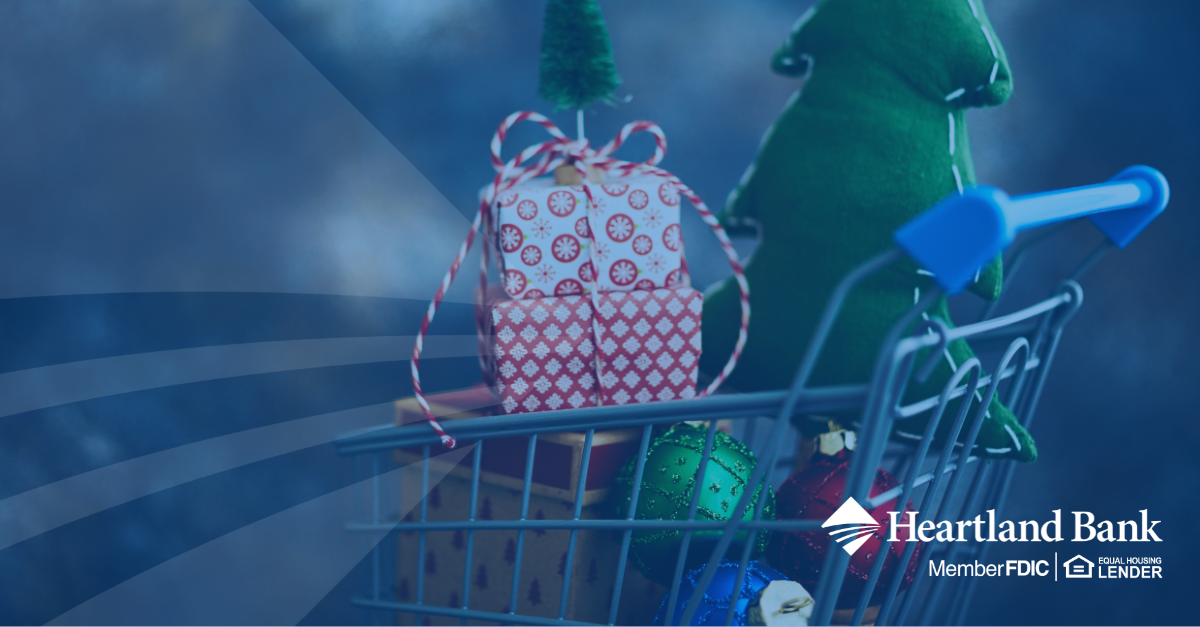 Shopping cart with presents, Heartland Bank logo