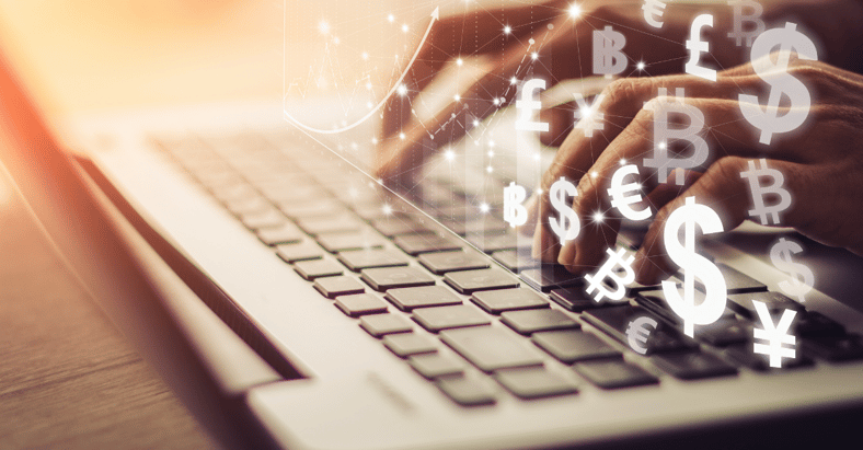 Hands typing on a laptop with digital currency and dollar symbols overlayed, representing electronic payments, ACH processing, and third-party financial transactions.