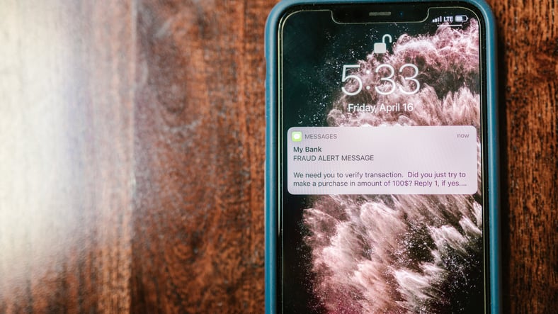 Smartphone showing a fraud alert text message, representing banking scams and the importance of verifying suspicious communications before sharing personal information.