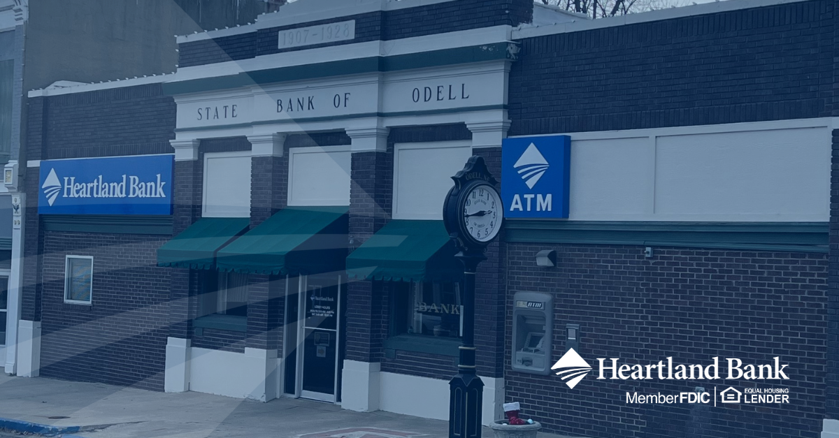 State Bank of Odell with Heartland Bank signs
