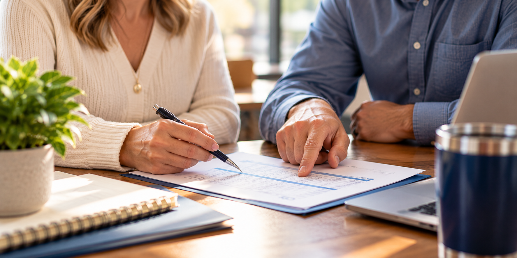 Two coworkers review payment details together, with one pointing to information on a document while the other takes notes.