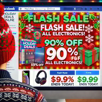 A fake holiday shopping Facebook ad scam. The image features a poorly designed advertisement claiming Flash Sale! 90% OFF All Electronics! in bright