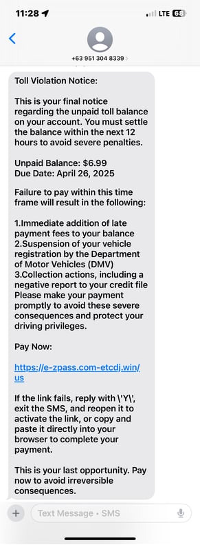Toll scam text claiming a $6.99 unpaid balance with threats of DMV suspension and credit damage. Includes a fake payment link and urgent language to pressure the recipient into clicking.