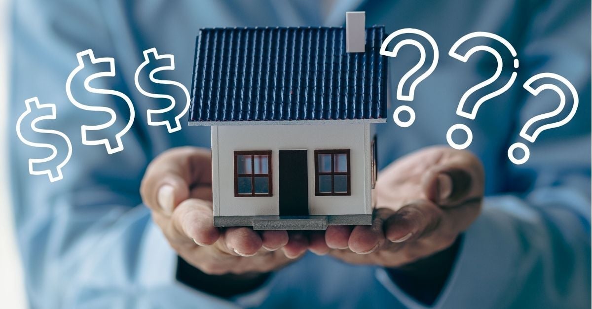 hands holding small house with question marks and money signs