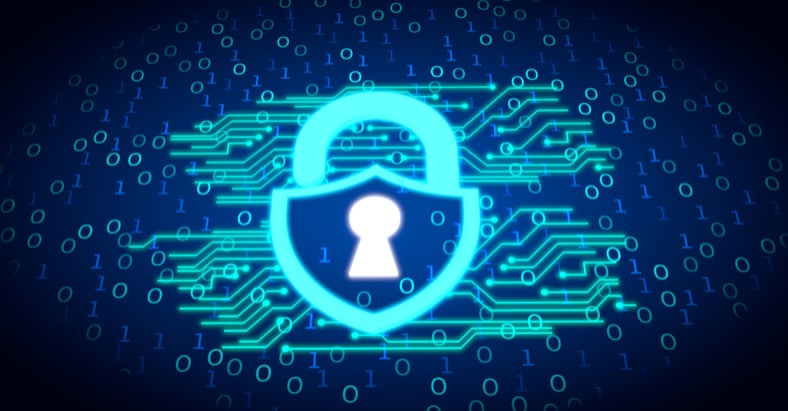 Digital padlock icon glowing over binary code background, symbolizing online data security and protection from cyber threats.