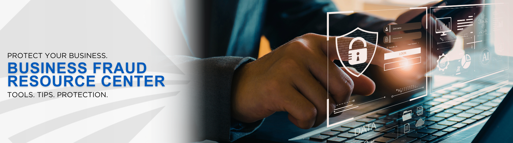 Business professional using a laptop with digital security icons overlayed, promoting the Heartland Bank Business Fraud Resource Center with the message “Protect Your Business. Tools. Tips. Protection.”
