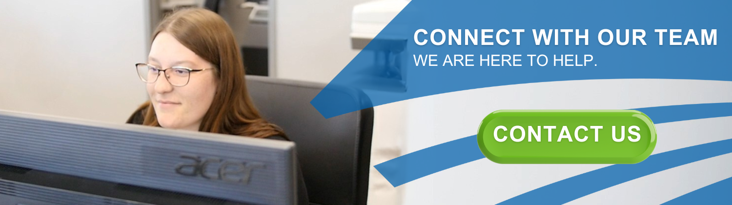 Heartland Bank team member at a computer with text reading “Connect With Our Team — We Are Here to Help” and a green Contact Us button.